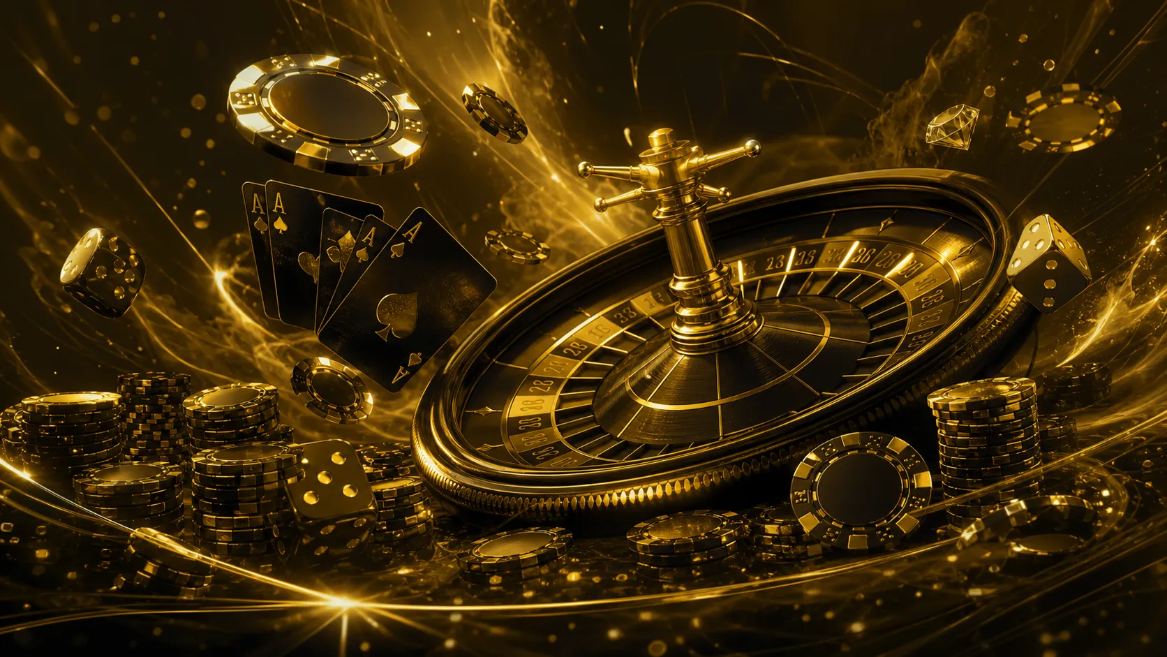 A high-end casino-themed hero banner featuring floating poker chips and playing cards in a 3D isometric render with realistic