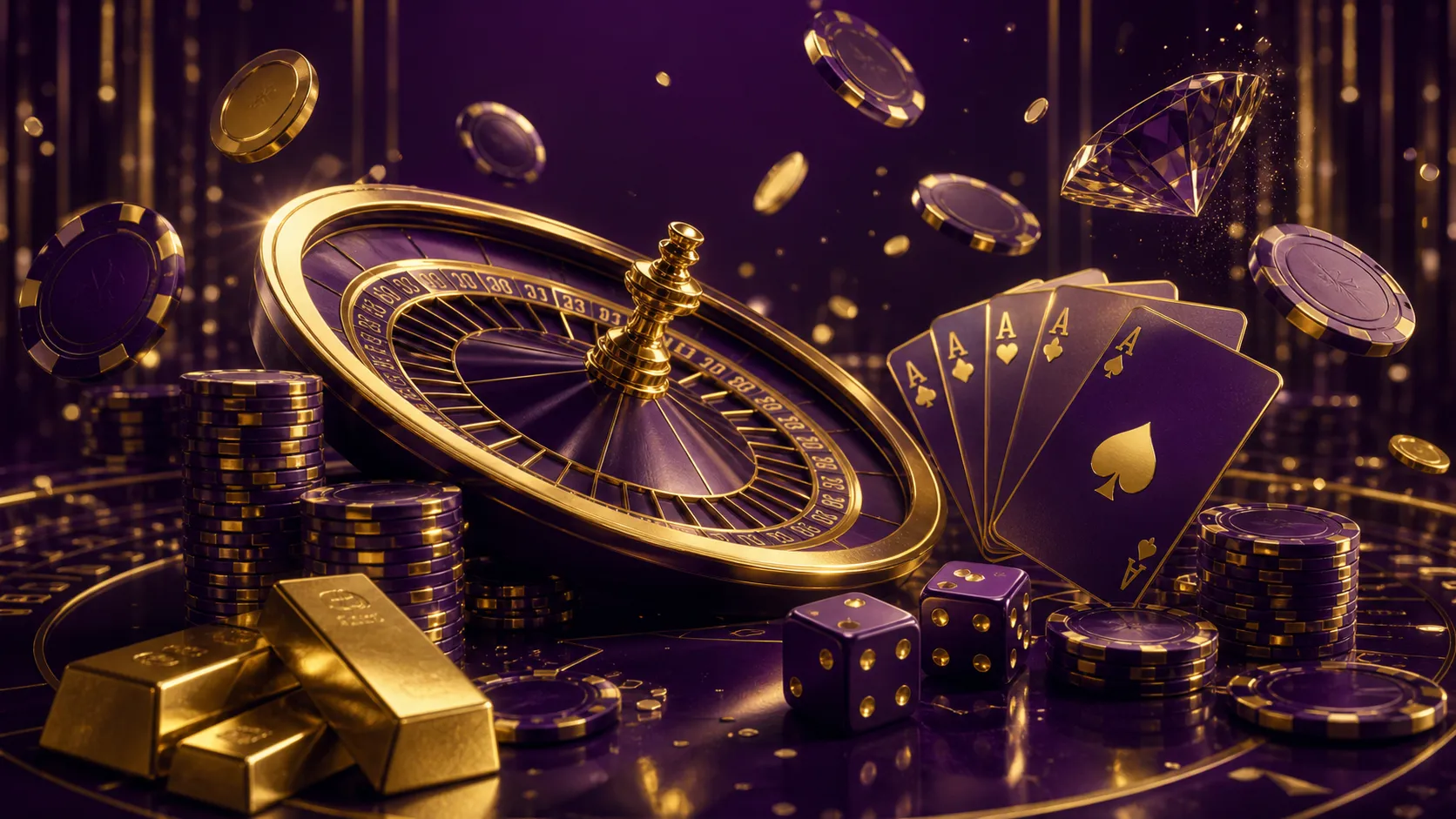 Casino-themed hero banner featuring glossy poker chips and dice in a dynamic floating zero gravity composition with dramatic 
